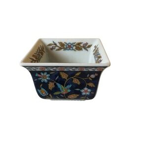 Takahashi Silk Road Hand Painted Porcelain Bowl Blue Floral Birds 1983 Square
